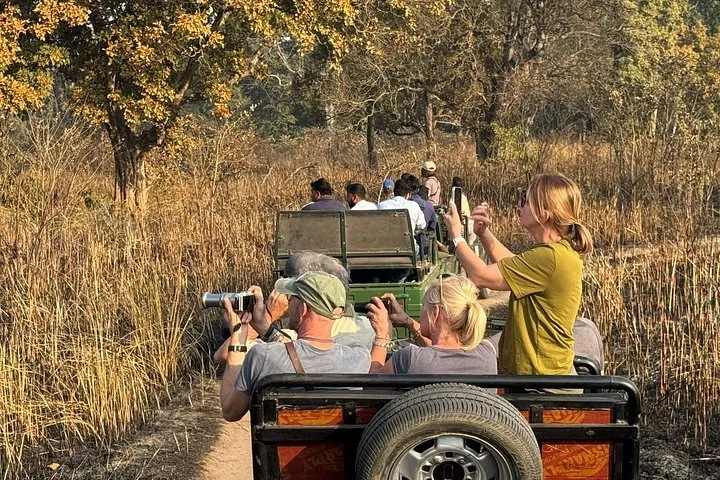 Turistas tomando fotos desde un jeep de safari en el Parque Nacional de Chitwan.